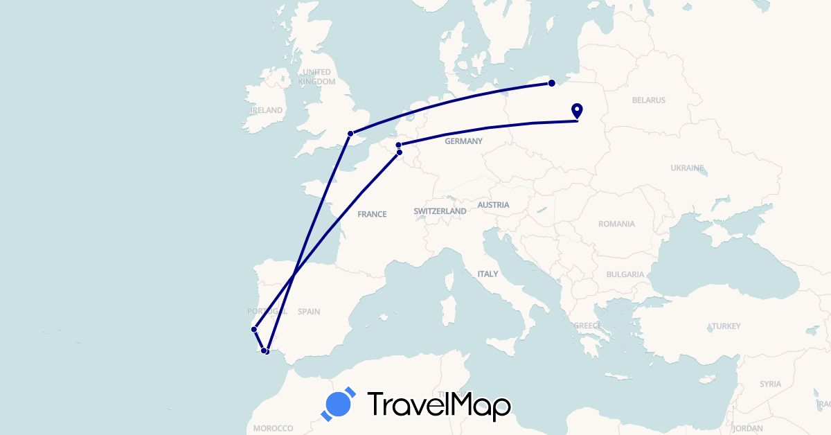 TravelMap itinerary: driving in Belgium, United Kingdom, Poland, Portugal (Europe)